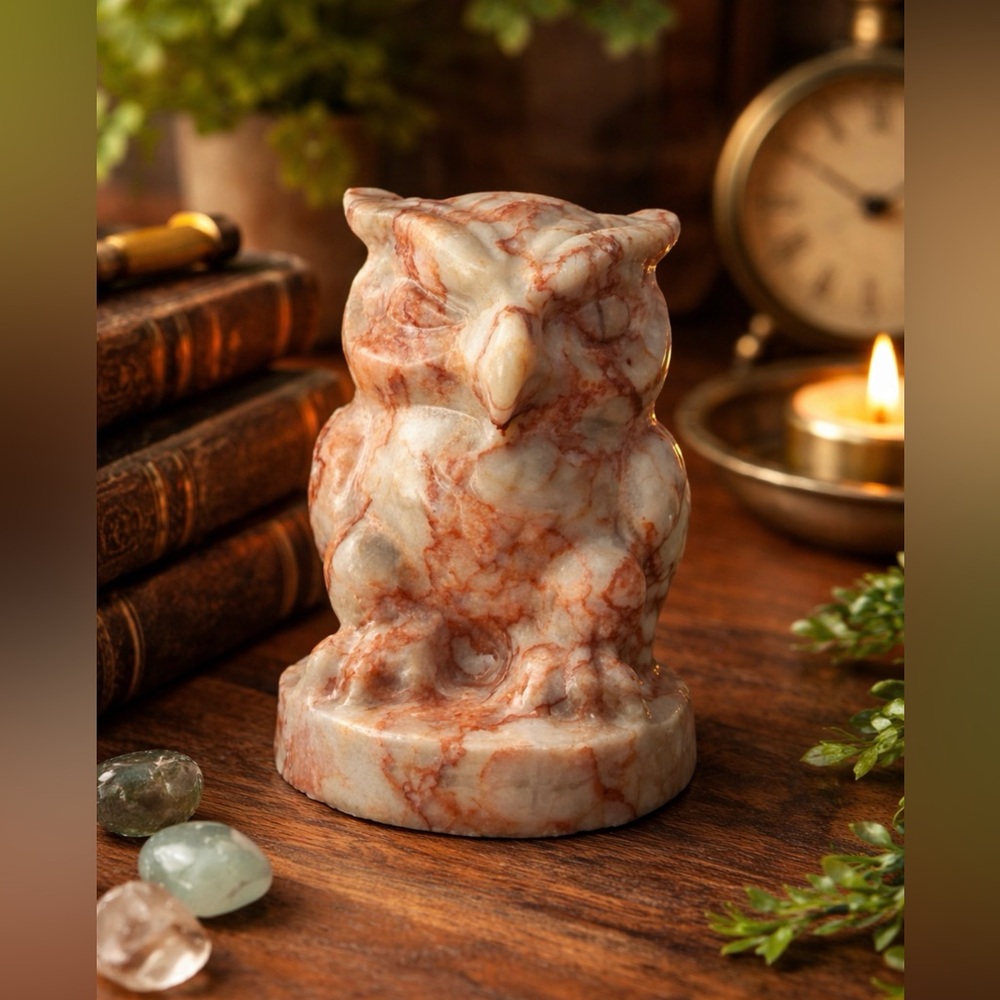 Red Vein Marble Owl Carving Hand Carved Stone Statue Decor Crystal Healing Gift